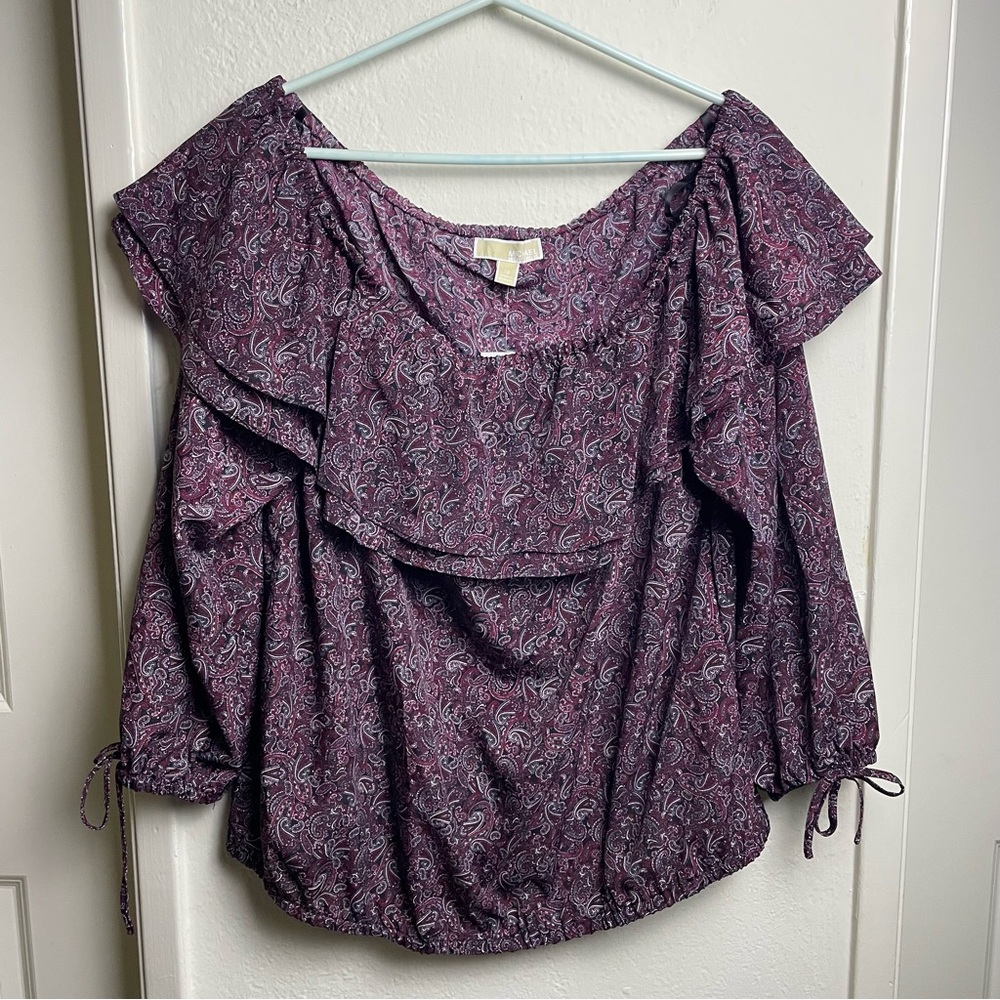 Michael Kors Paisley Off The Shoulder Top Women’s Size 1X Royal Pink Long Sleeve
